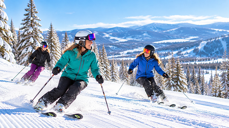 Women Skiing at the top of a mountain.