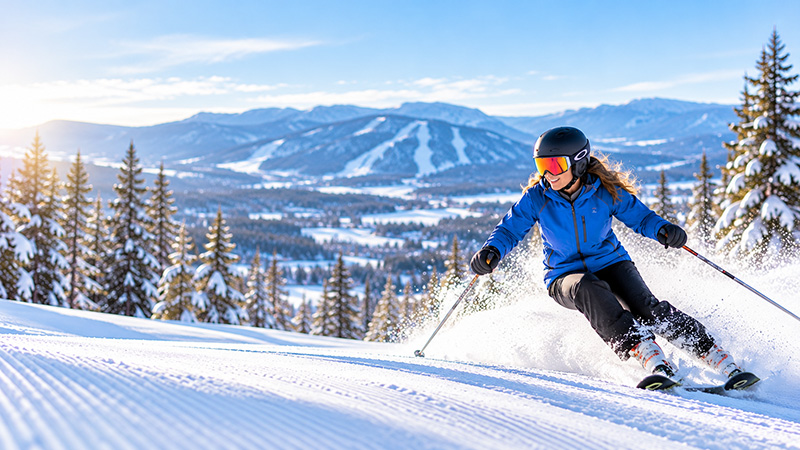 Womam skiing at the top of a mountain